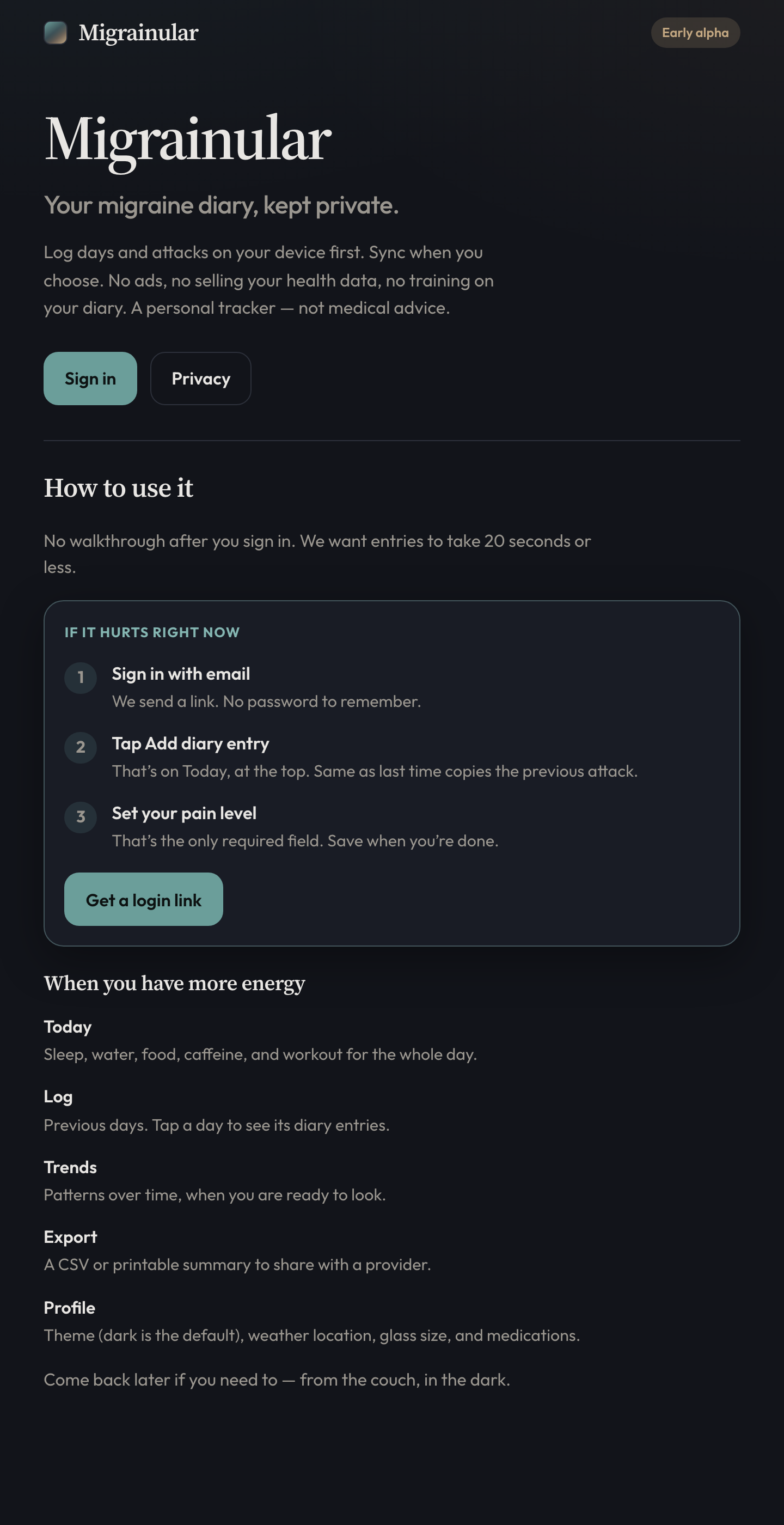 Migrainular home: a private diary, 20 seconds or less, three steps if it hurts right now