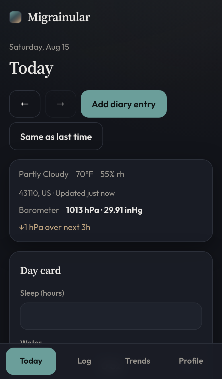 Today screen with Add diary entry, Same as last time, weather, and the day card